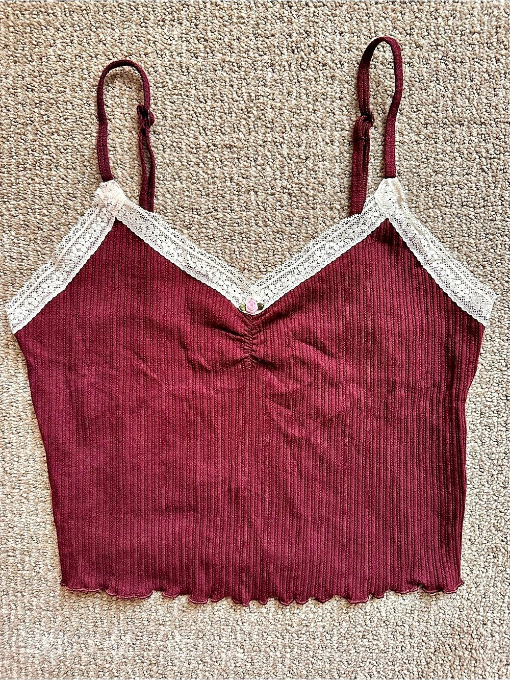 PINK Lace Trim Ribbed Camisole in Burgundy Size Small